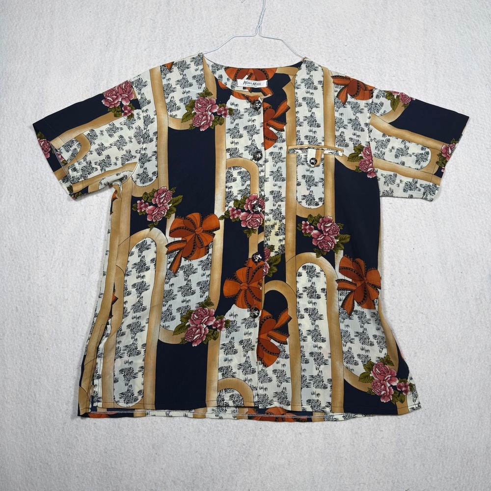 Wing Ming Collection Floral Bow Print Button Up Blouse Navy Orange Short Sleeve